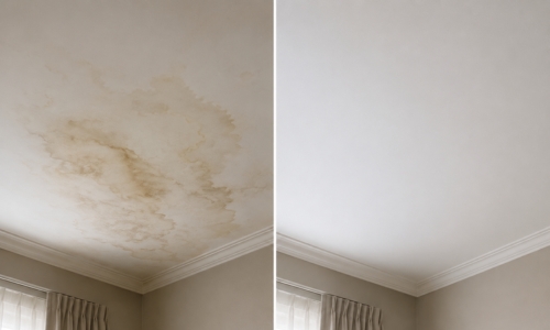 Ceiling stain traced to a balcony membrane fault