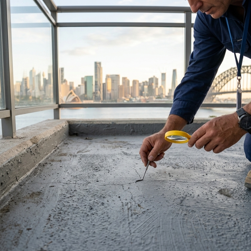 Technician checks hairline cracks in balcony waterproofing membrane overlooking Sydney skyline.