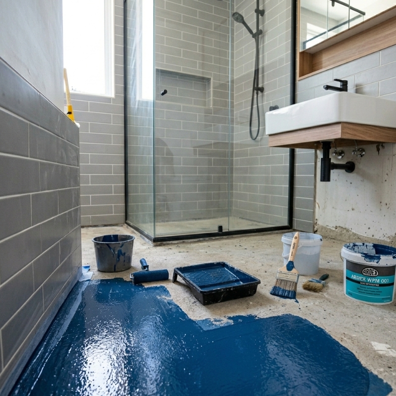 Licensed Sydney waterproofer rolling on liquid membrane during bathroom renovation.