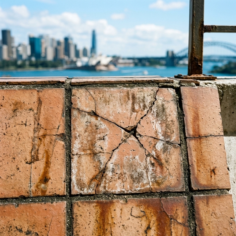 Cracked and stained balcony tiles showing signs of failed waterproofing in Sydney.
