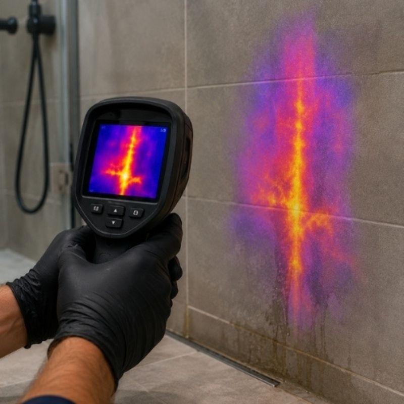 Close-up of thermal imaging camera identifying hot-water pipe leak in hornsby-heights