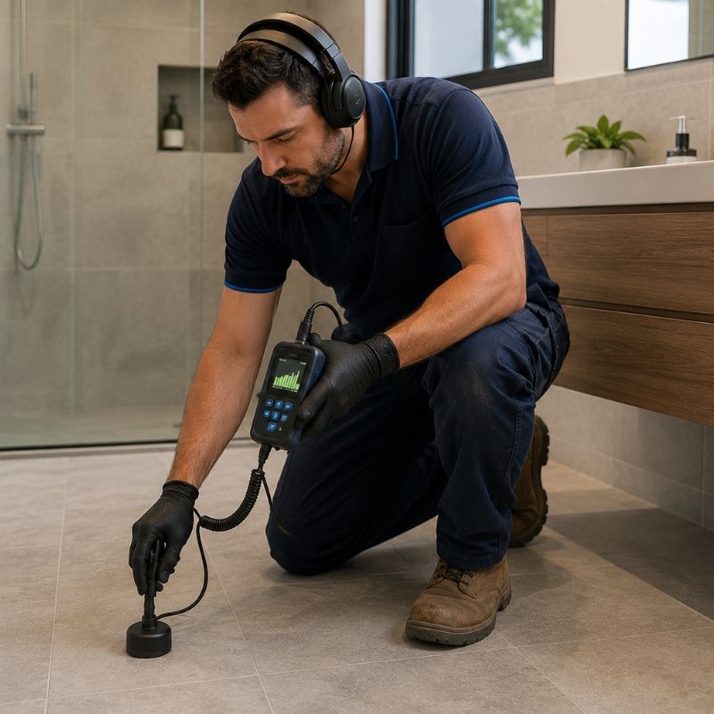 Licensed plumber using acoustic leak detection device in rouse-hill