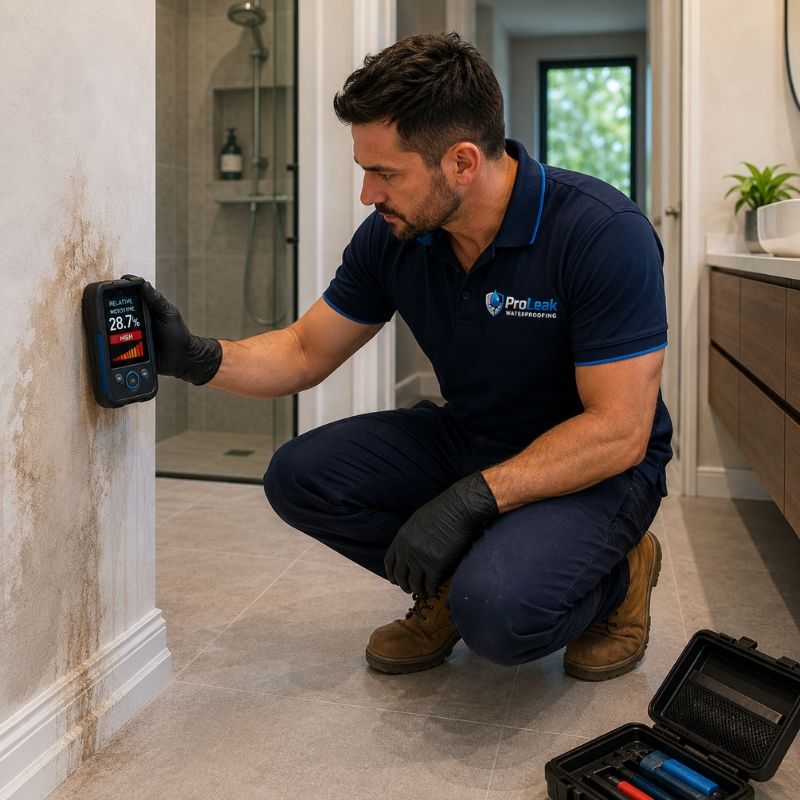 Moisture meter confirming water damage after leak detection in st-ives-chase