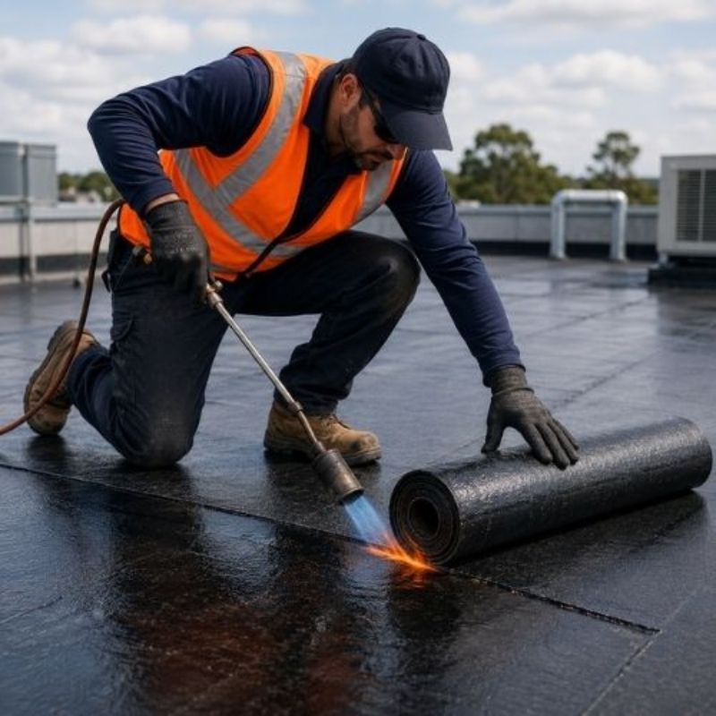 Installing torch-on roof membrane for commercial waterproofing glenhaven