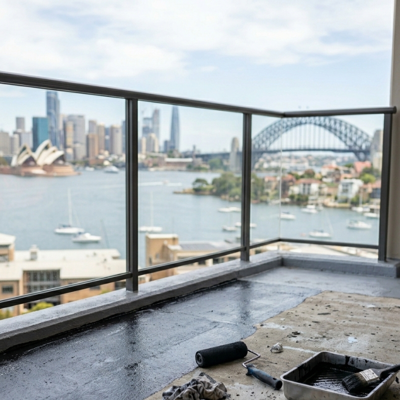 Sydney waterproofer applying membrane on balcony floor.